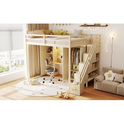 Lit mezzanine double avec escalier de rangement, coiffeuse encastrée avec miroir et tiroir, armoire et armoires, ports et lumières de chargement USB, beige
