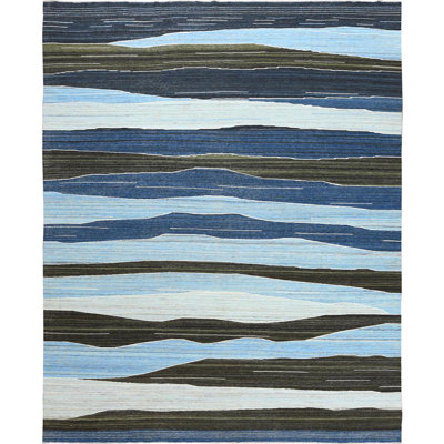 Tapis bleu / gris en laine noué à la main de conception unique 12 pi 5 po x 15 pi New Age Farmann