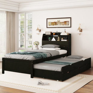 Lit plateforme double en bois avec lit gigogne, tête de lit et tiroirs, base de lit espresso