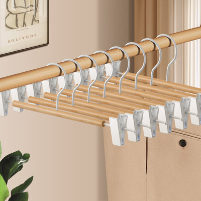 Ensemble de 10 cintres pour pantalons en bois avec pinces de 12 pouces avec cintres réglables pour jupe en bois pour femmes et hommes