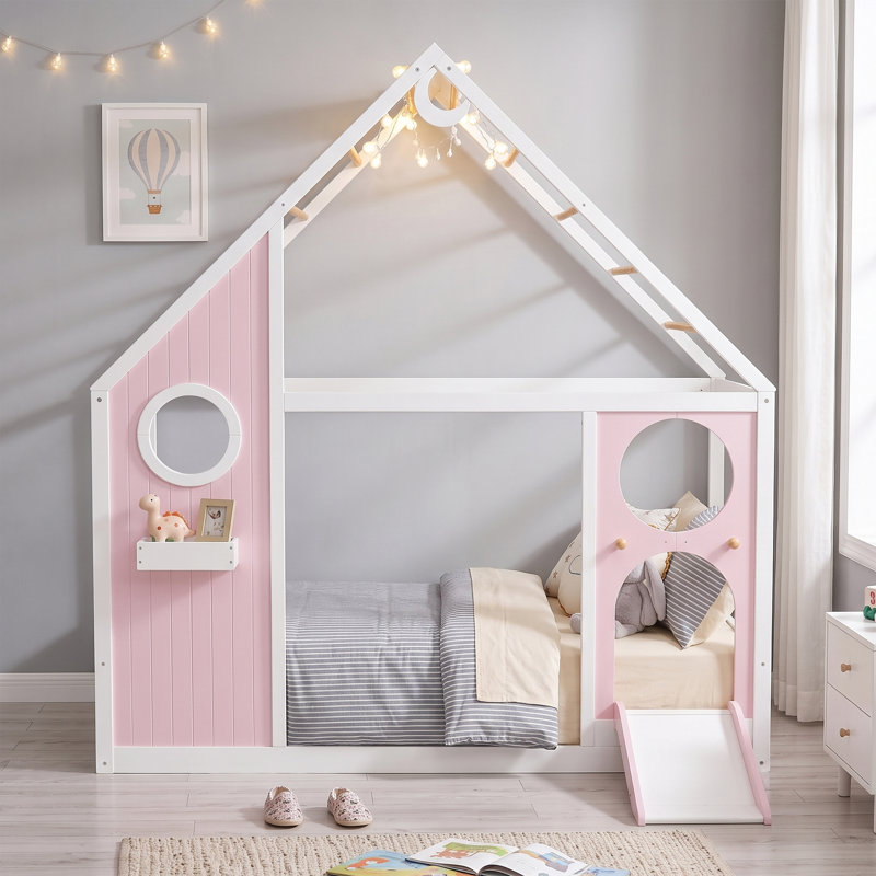 Lit pour enfant PlayNest avec glissoire et lumières DEL intégrées, cadre de lit en bois en forme de maison, Rose