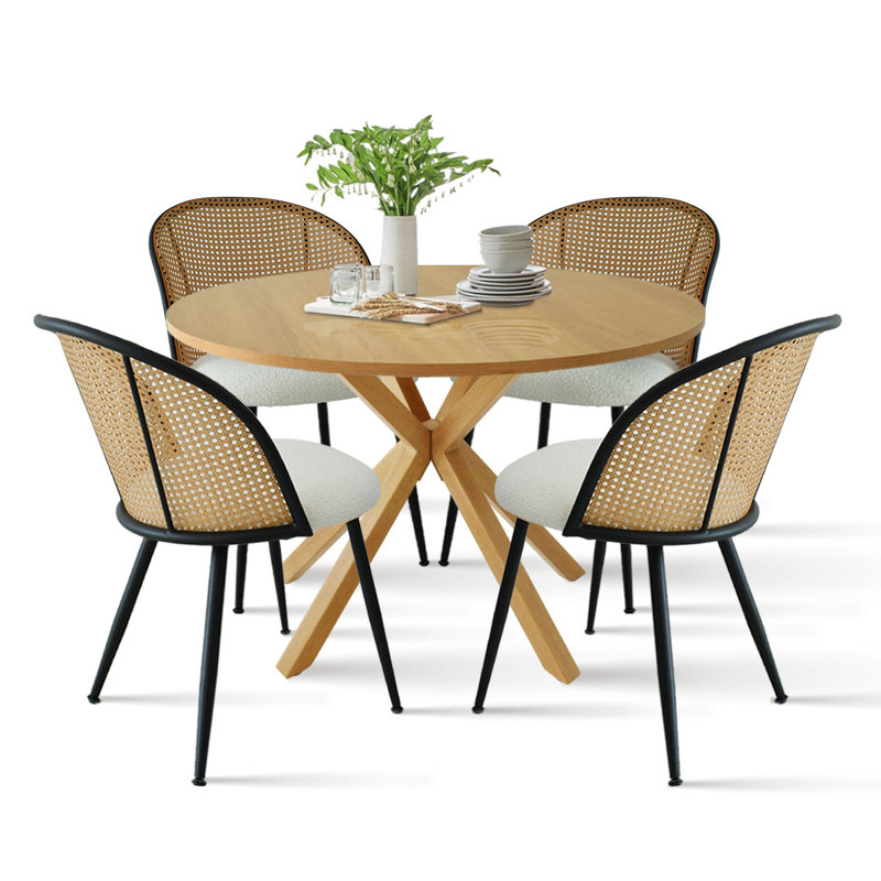 Atwater 39.5" W 4-Person Round Wood Dining Set with Boucle Chairs, Light Wood