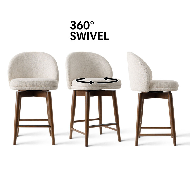 Upholstered Swivel Counter Stool With Curved Back And Solid Wood Legs, Cream