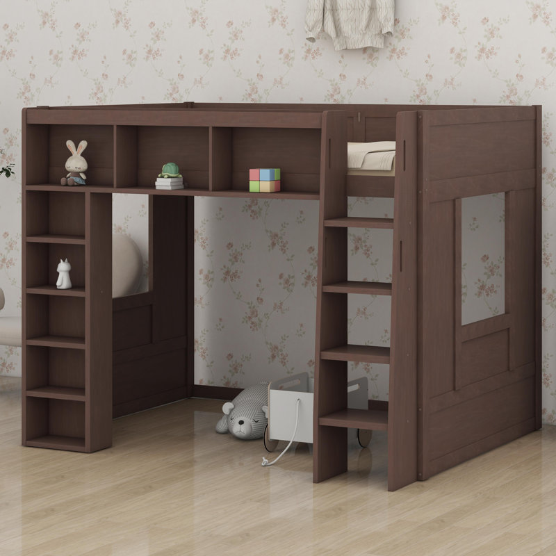 Lit mezzanine en bois avec armoires de rangement et tablettes, Brown
