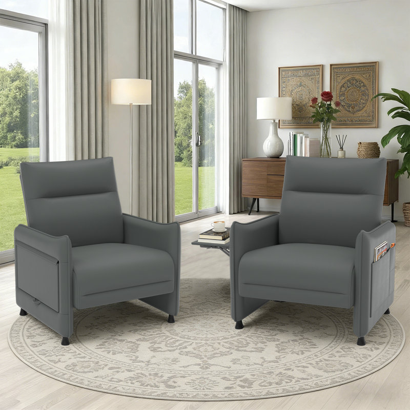 Modern Upholstered Faux Leather Accent Armchair with Side Tray Table & Side Pockets, Gray
