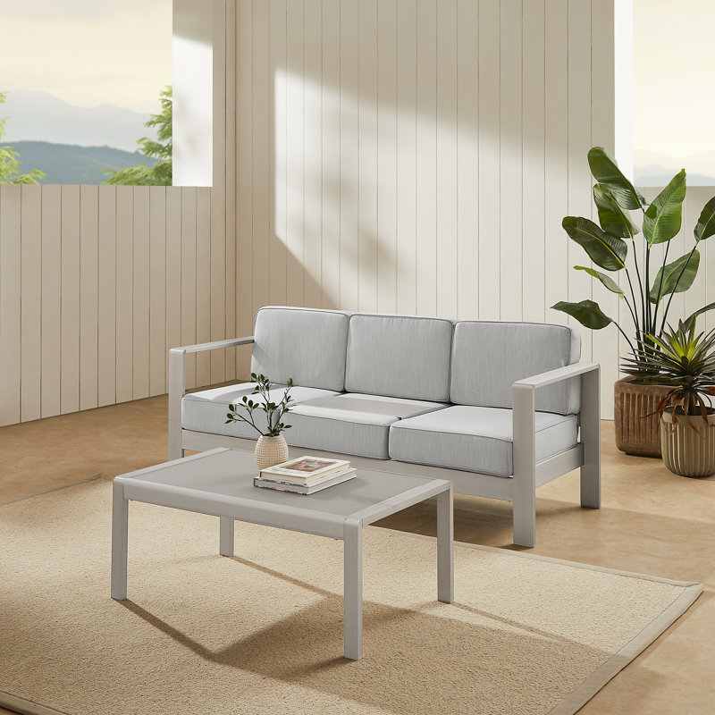 Karah Aluminum Outdoor 3 Seater Sofa and Coffee Table Patio Set, Gray Frame/Gray Cushion