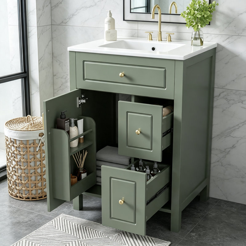 Meuble-lavabo de 24 pouces avec lavabo en céramique, mécanismes à fermeture douce et grand espace de rangement pour les petits espaces