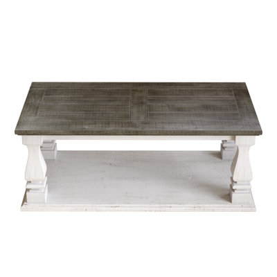 Rectangular Farmhouse Coffee Table, Solid Wood Plank Tabletop with Distressed Finish, Rustic Two-Tone Coffee Table with Thick Turned Legs & Storage Sh
