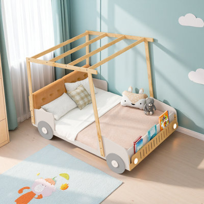 Wood Car Bed With Pillow, Ceiling Cloth