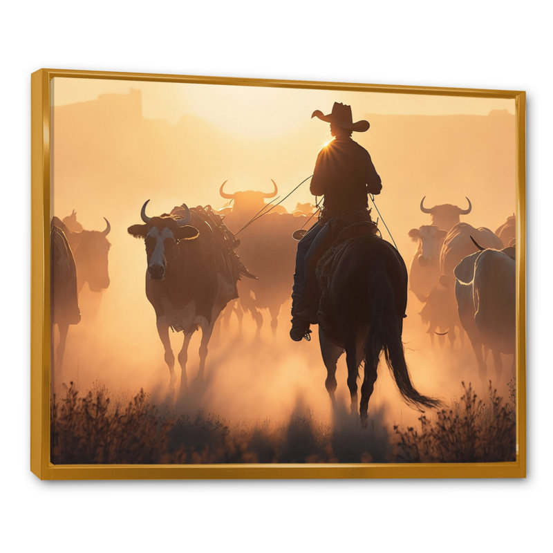 Kangs Wrangler au coucher du soleil I, H 34 po x l 44 po x P 1,5 po, Cadre flottant doré