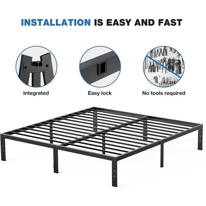 Structure de très grand lit en métal - 14 po de hauteur avec espace de rangement, pas de sommier tapissier avec support de lattes en acier robuste, 2200 lb pour un assemblage facile, noir pour la chambre à coucher