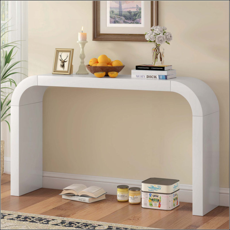 Console minimaliste avec des lignes élégantes et un bord en forme d'arc, Blanc, H 30,9 po x l 52,25 po x P 11,81 po