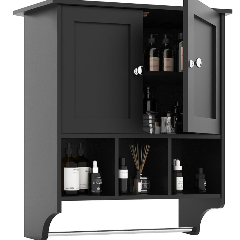 Armoire de salle de bain noire - tablettes réglables, armoire de rangement de 27,5 po de profondeur x 23,8 po de largeur, 7,8 po de hauteur, avec barre à serviettes et espace pour les articles de toilette