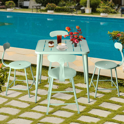 ENSEMBLE DE 5, ensemble de table de salle à manger bistro en métal pour le patio, 4 chaises avec dossier, 1 table carrée à lattes en acier pour l'extérieur, L 27,5 po x l 27,5 po x H 30 po, table pour meubles de jardin, de pelouse et de porche (vert