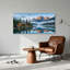Art sur toile orange, chalet en rondins sur un lac brumeux-566899304