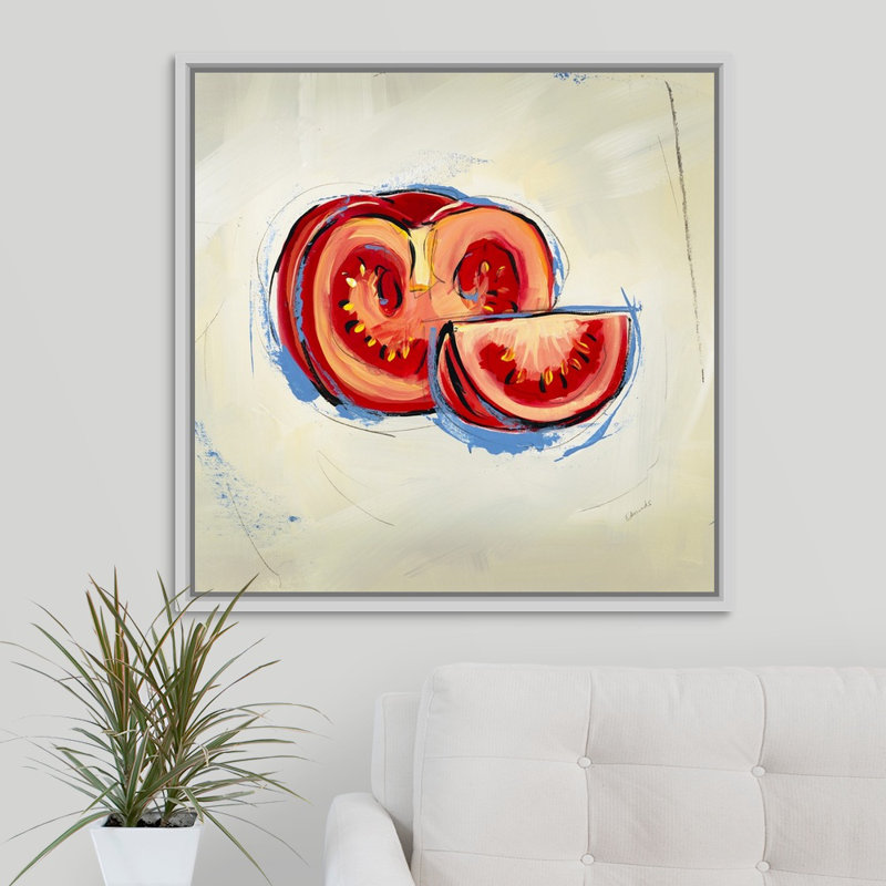 « picnic party iii », peinture sur toile, H 31,7 po x l 31,7 po x p 1,75 po, Cadre flottant blanc
