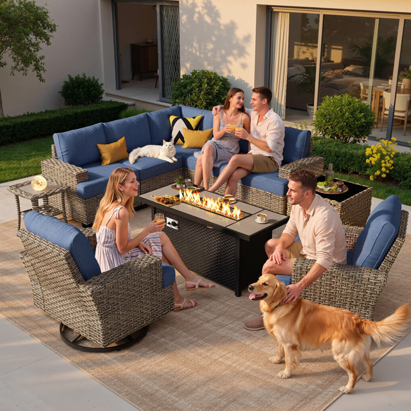 Ensemble de conversation en osier pour 7 personnes avec coussins Dzion, Bleu, Oui