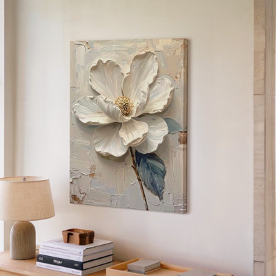 Wall Art Canvas Elegant White Bloom Sculptural Flower Art With Soft Metallic Accents In Ready To Hang Gallery Wrapped Home Decor Decor