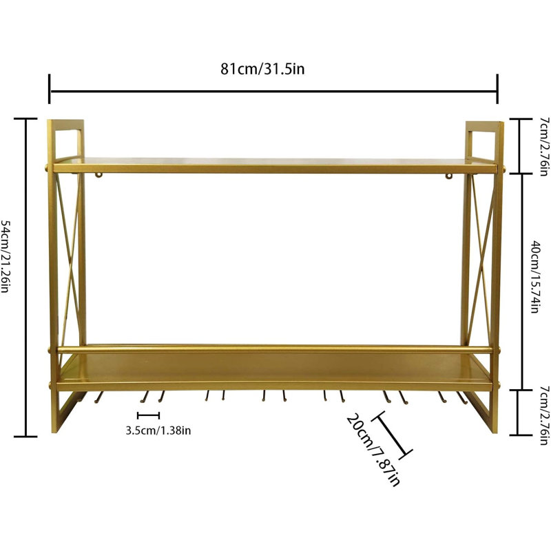 Supports à vin industriels avec porte-verres, étagères murales polyvalentes en métal rustique 31,5 po, porte-bouteilles à vin à 2 niveaux, accessoires pour porte-bouteilles, porte-bouteilles en verre