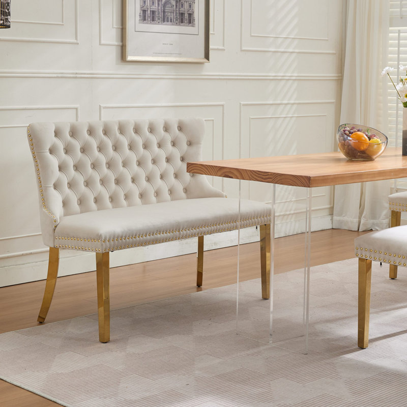 45.6" Upholstered Loveseat, 2-Seat Tufted Bench With Wing Back, White, Gold