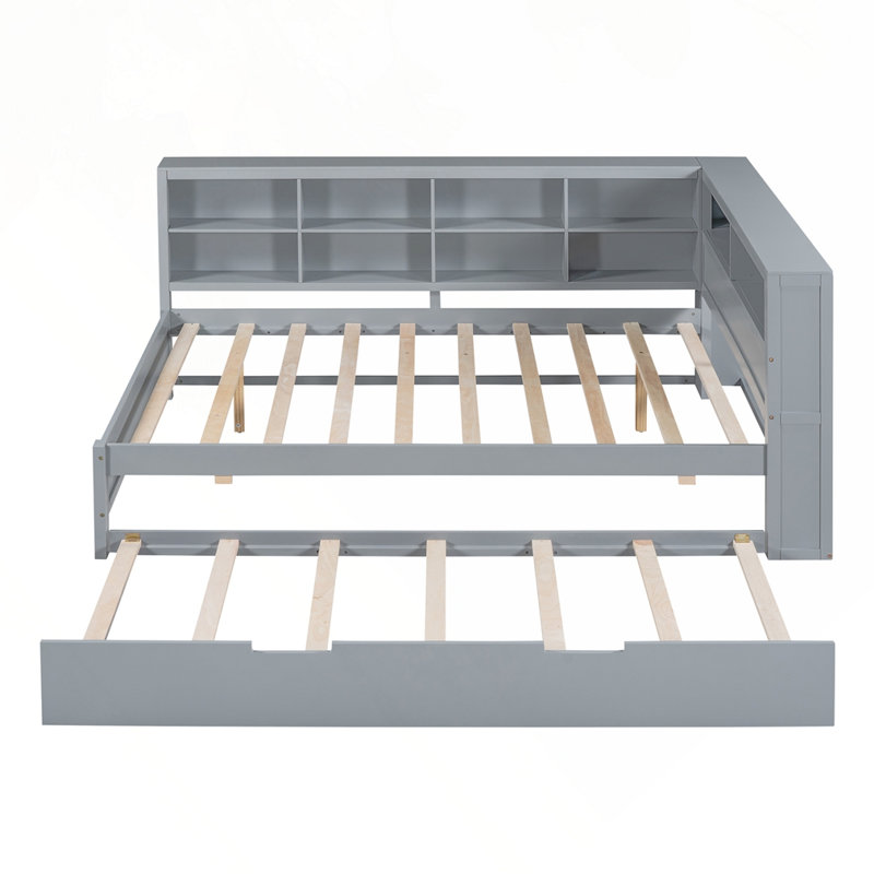 Lit de jour en bois double avec lit gigogne simple, Gris, Lit double