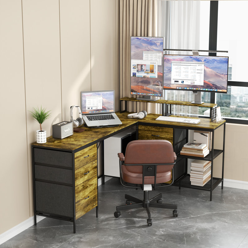 Bureau en L 114 po avec concentrateur électrique, bureau de jeu industriel - 6 tiroirs, support pour écran amovible, bureau rustique brun