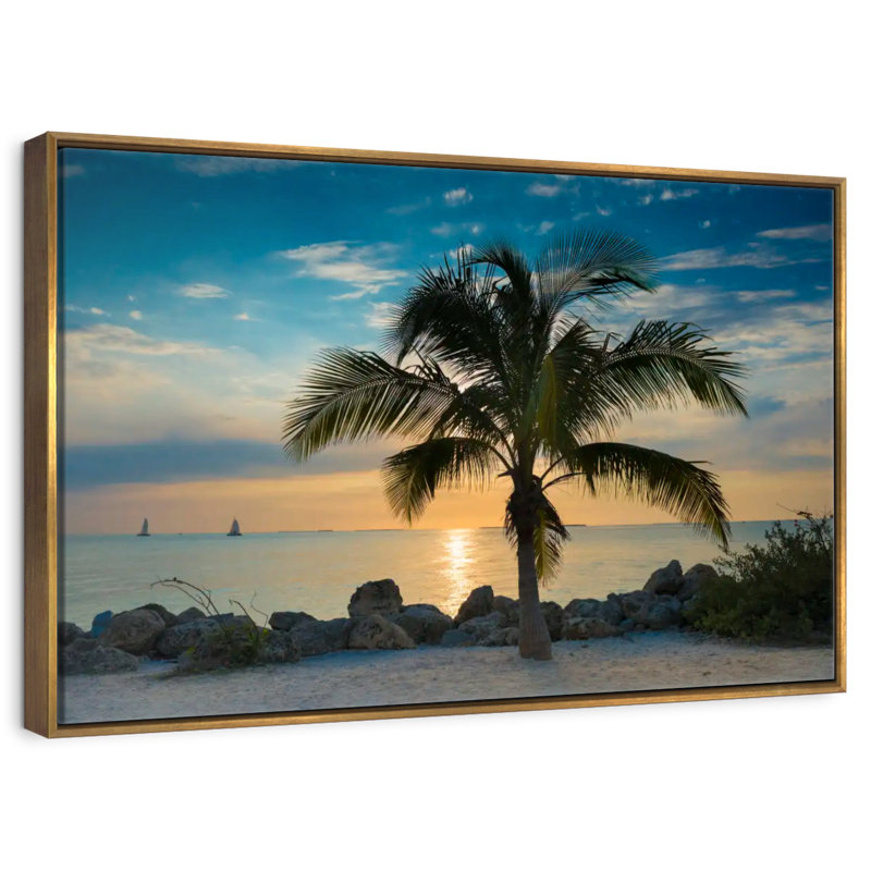 Palmier Key Key Sunset, 25 po x 17 po, Cadre flottant doré