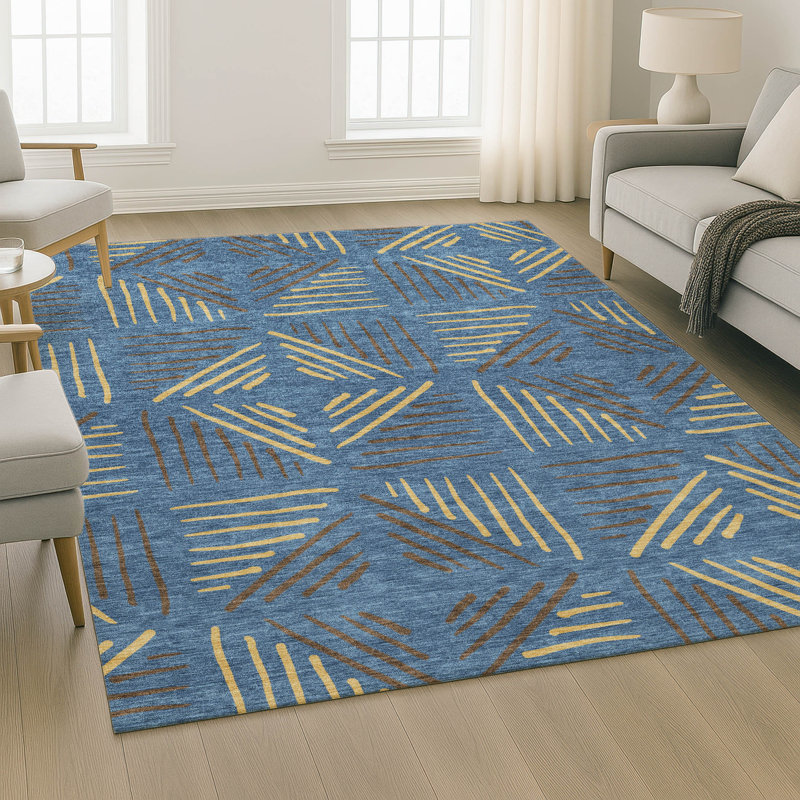 Premium Machine Washable Mayfield AMF2413 Geometric Rug, Navy, 5' x 7'6"