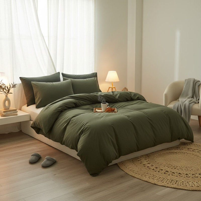 Ensemble de housse de couette douce en coton délavé Boho, Vert d’armée, Housse de couette grand et 2 taies d'oreiller stan
