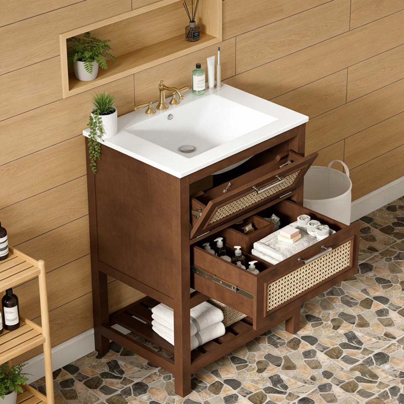 Meuble-lavabo 24 po avec lavabo en céramique intégré, Marron foncé