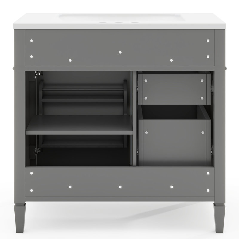 Meuble-lavabo moderne avec lavabo, 2 tiroirs, tiroir basculant et rangement spacieux, conception en bois massif gris