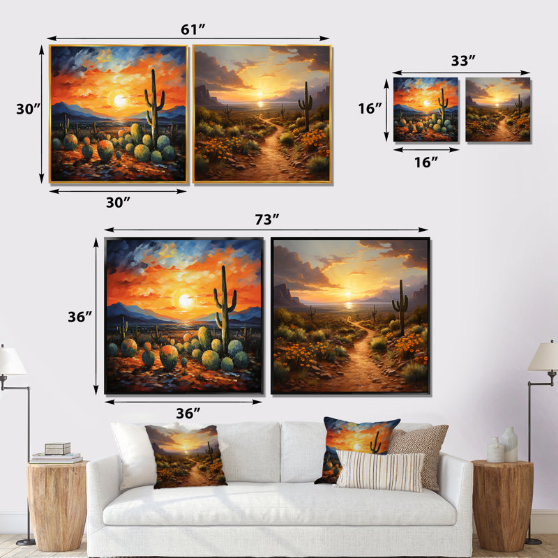 Cactus coucher de soleil, désert, rêves au Mexique I - ensemble de 2 reproductions d'art du désert, Cadre flottant noir