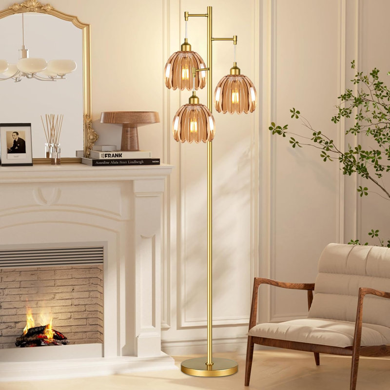 Vintage Brass Floor Lamp With 3 Adjustable Heads & Amber Glass Shades - Mid-Century Modern Decor