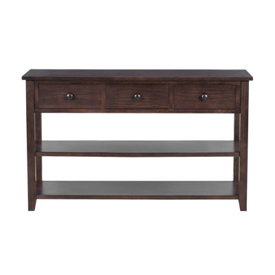 Retro Style Console Table Crafted from Pine Solid Wood Frame with Two Open Shelves and Three Drawers for Home Decoration