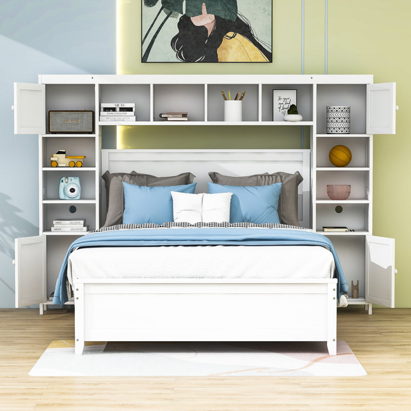 Full Size Wood Platform Bed With 4 Drawers, Headboard and Shelves, White