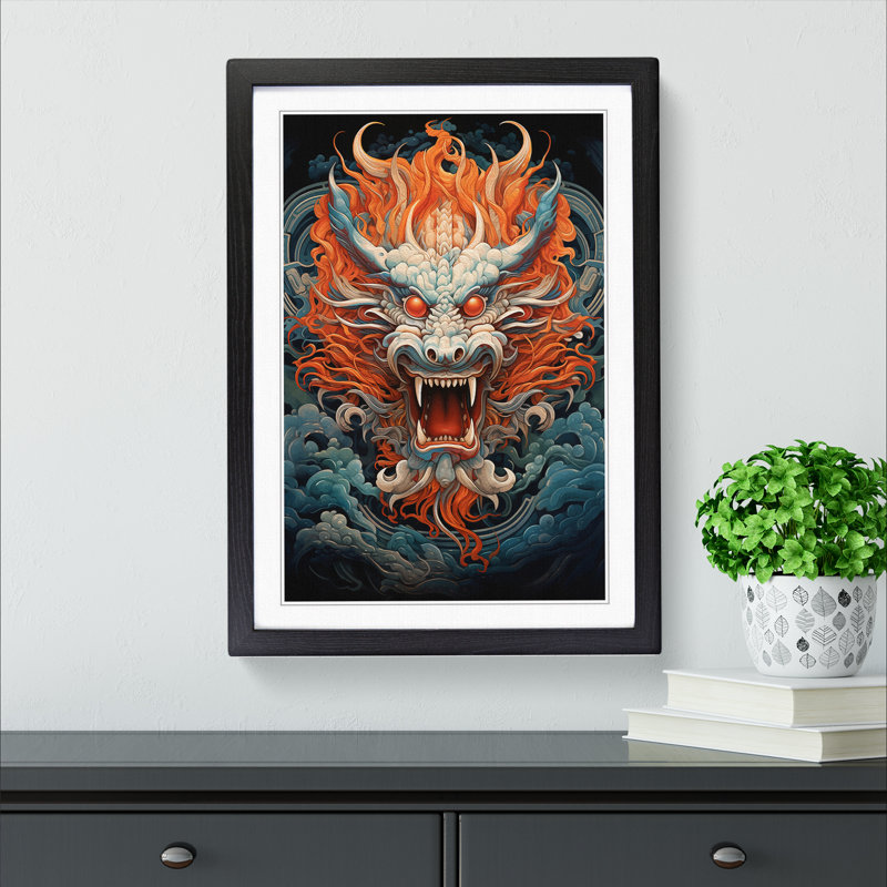 Chinese Dragon Geometric - Single Picture Frame Print on Wood, Black Framed, 64cm H x 46cm W x 2cm D