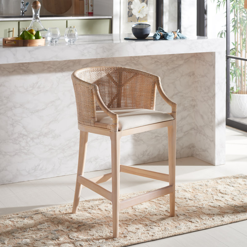 Carneshia Upholstered Solid Wood Counter Stool, Natural/White Seat/White Washed Frame