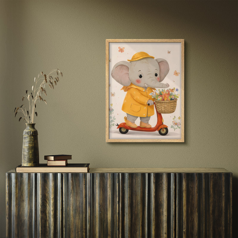 Cute Elephant Scooter Framed Wall Art Prints - Cartoon Animal Kids Room Nursery, H 14 po x l 11 po, Naturel
