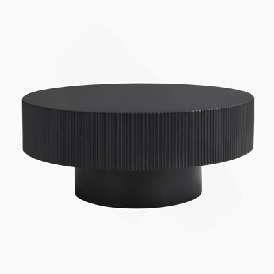 Elegant Easy Assembly Round Coffee Table With 6.8" Thick Tabletop, Modern Drum End Table, Minimalist Fluted Center Table With Sturdy Base For Living Room, Black, 31.5"W*13.7"H
