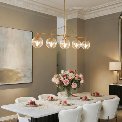 Lustre linéaire moderne de 39 pouces avec globes en verre bullé, luminaire suspendu doré 5 lumières pour îlot de cuisine et salle à manger, hauteur de suspension réglable, certifié ETL