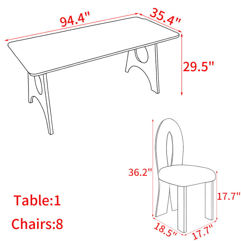 Modern simple black solid wood dining table set, 29.5"H x 94.4"L x 35.4"W
