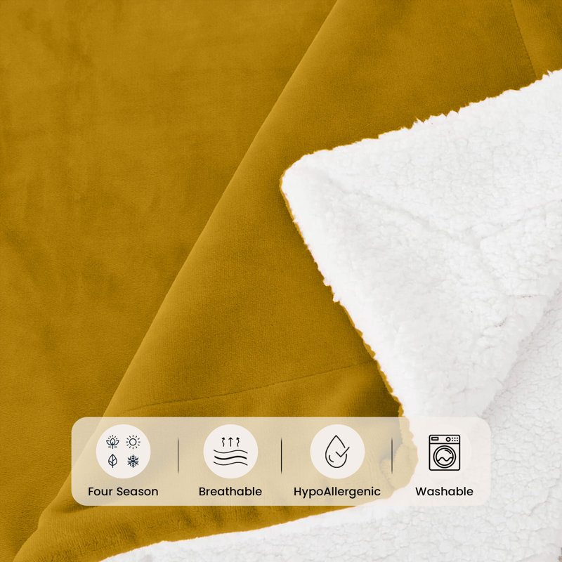 Reversible Sherpa Fleece Blanket - Ultra-Soft, Warm & Cozy All-Season Comfort , Yellow, 240cm x 200cm