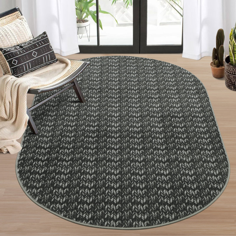 Tapis ovale à motif tressé lavable 3 x 5 po, tapis d'intérieur ultramince pliable, tapis contemporain antidérapant pour chevet, vestibule, vestibule, salle de bain, noir