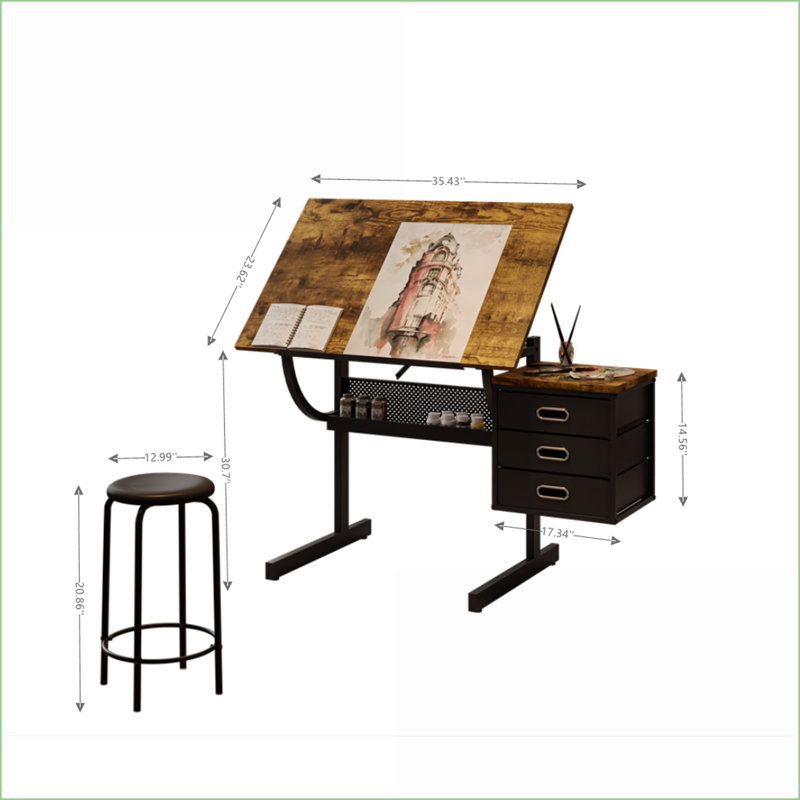 Table à dessin noire ajustable avec 3 tiroirs et tabouret, plateau inclinable de 0 à 75° pour artistes et artisans