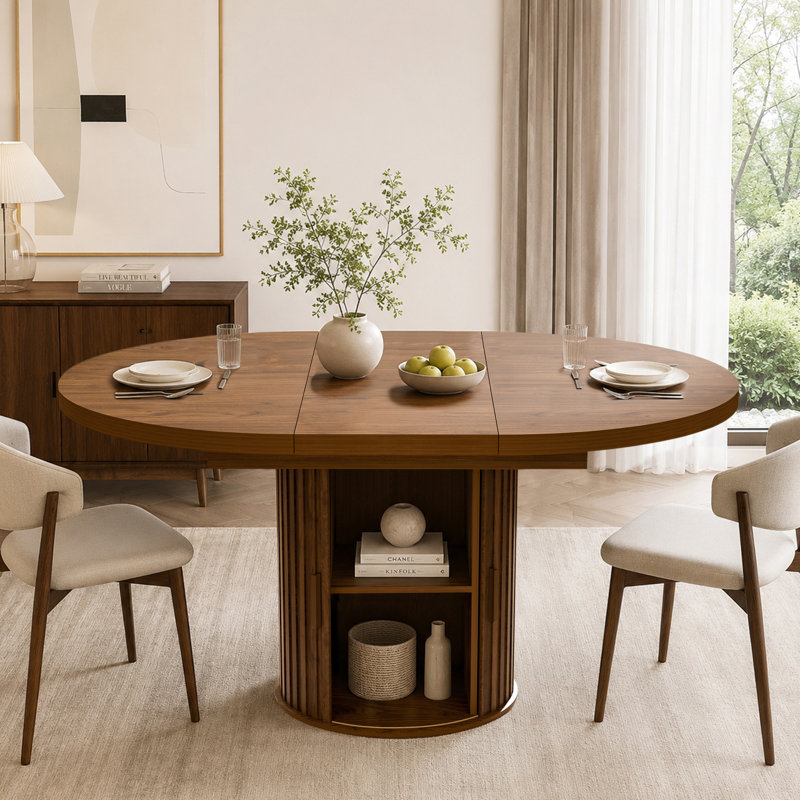 Table de salle à manger ronde extensible de 110 à 150 cm avec rangement dissimulé et caisson coulissant cannelé, table moderne en bois pour salle à manger et salon, fini noyer