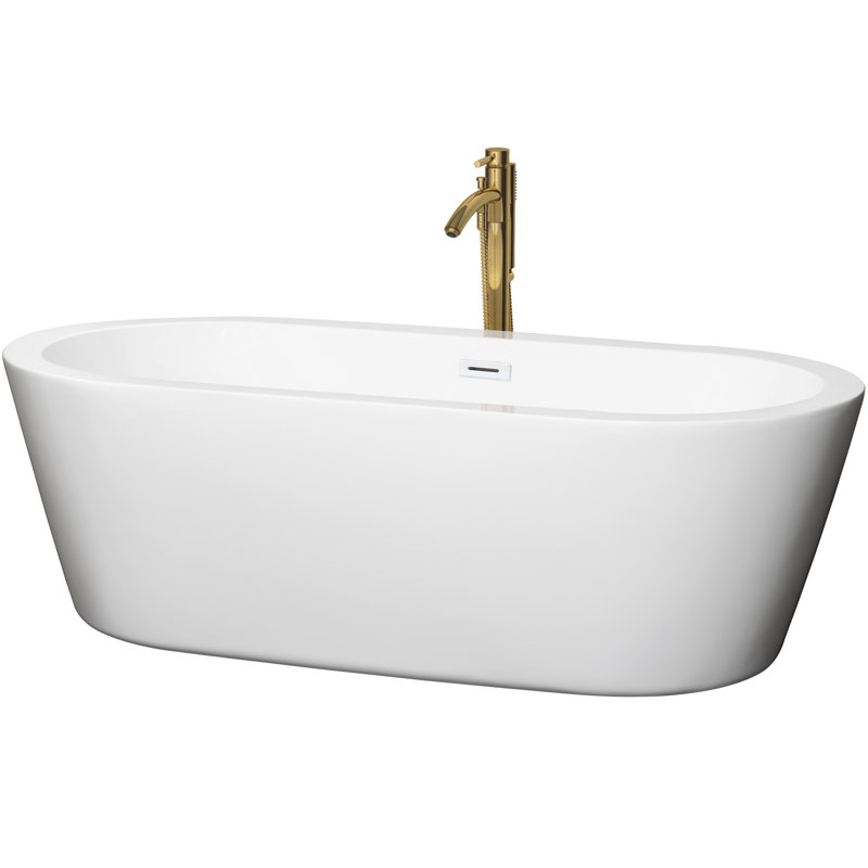 Mermaid 71'' x 33.5'' Freestanding Soaking Acrylic Bathtub with Faucet, White/Shiny White/Brushed Gold