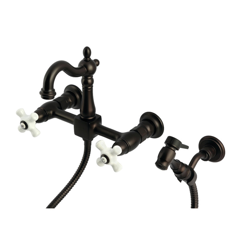 Kingston Brass Heritage Double-Handle 3-Hole Wall-Mount Bridge Kitchen Faucet with Brass Sprayer, Oil Rubbed Bronze