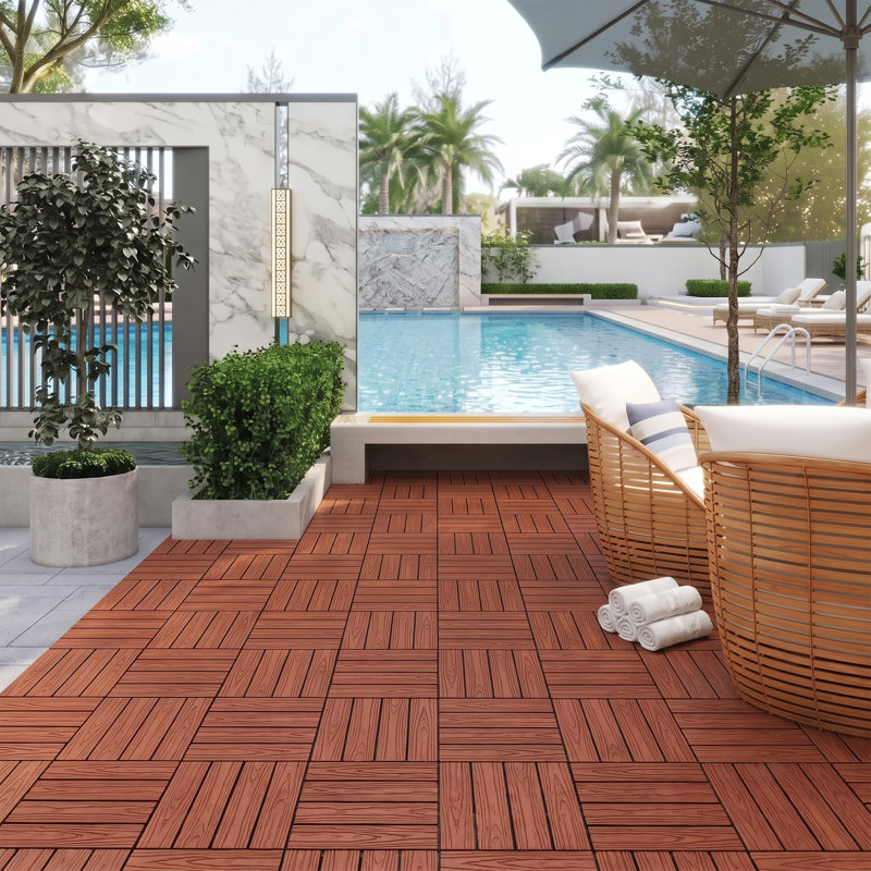 Dalles de terrasse emboîtables en composite bois-plastique (WPC), 30 cm x 30 cm, paquet de 25, dalles de sol de patio à 4 lattes en relief, acajou, étanches et drainantes, pour balcon, jardin ou piscine.