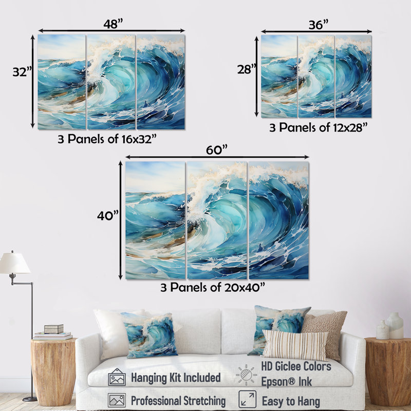 Blue Wave Ocean Storm I - ensemble de reproductions d'art mural océan, Toile tendue, H 32 po x l 48 po x P 1 po