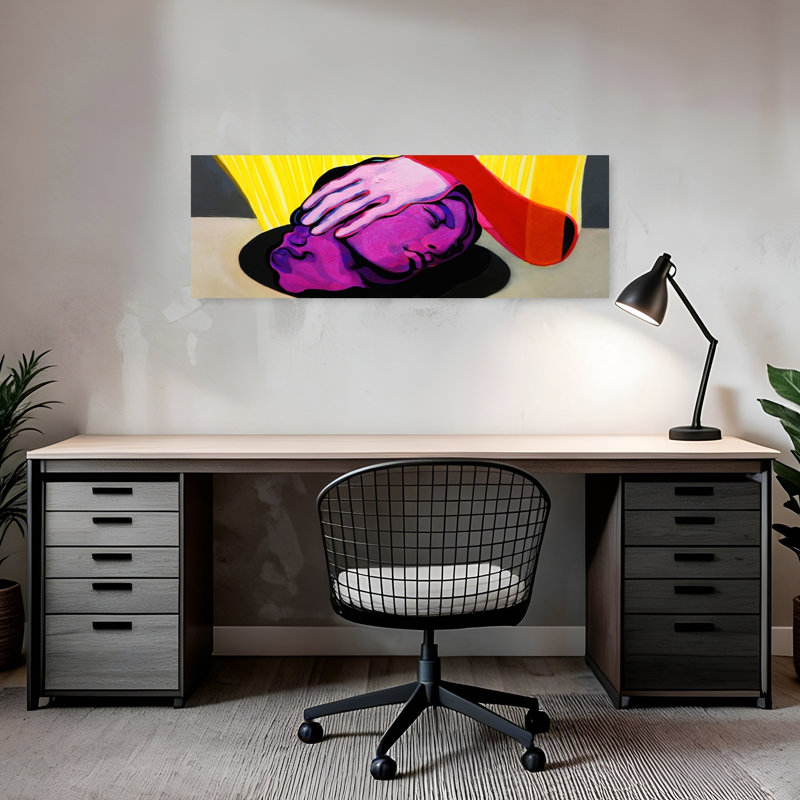 Tête mauve rose, art abstrait coloré à la main, H 12 po x l 36 po